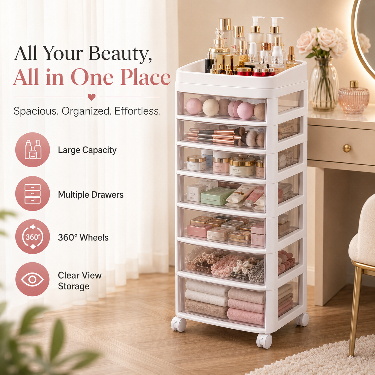 7-Tier Rolling Storage Tower with Transparent Drawers