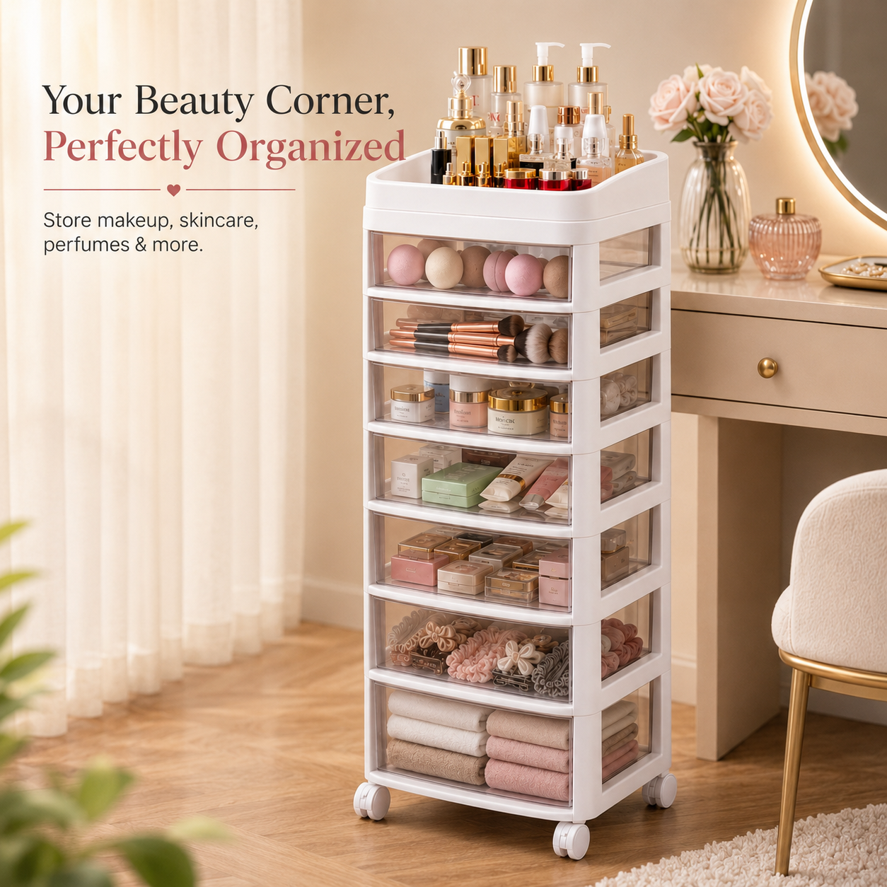7-Tier Rolling Storage Tower with Transparent Drawers