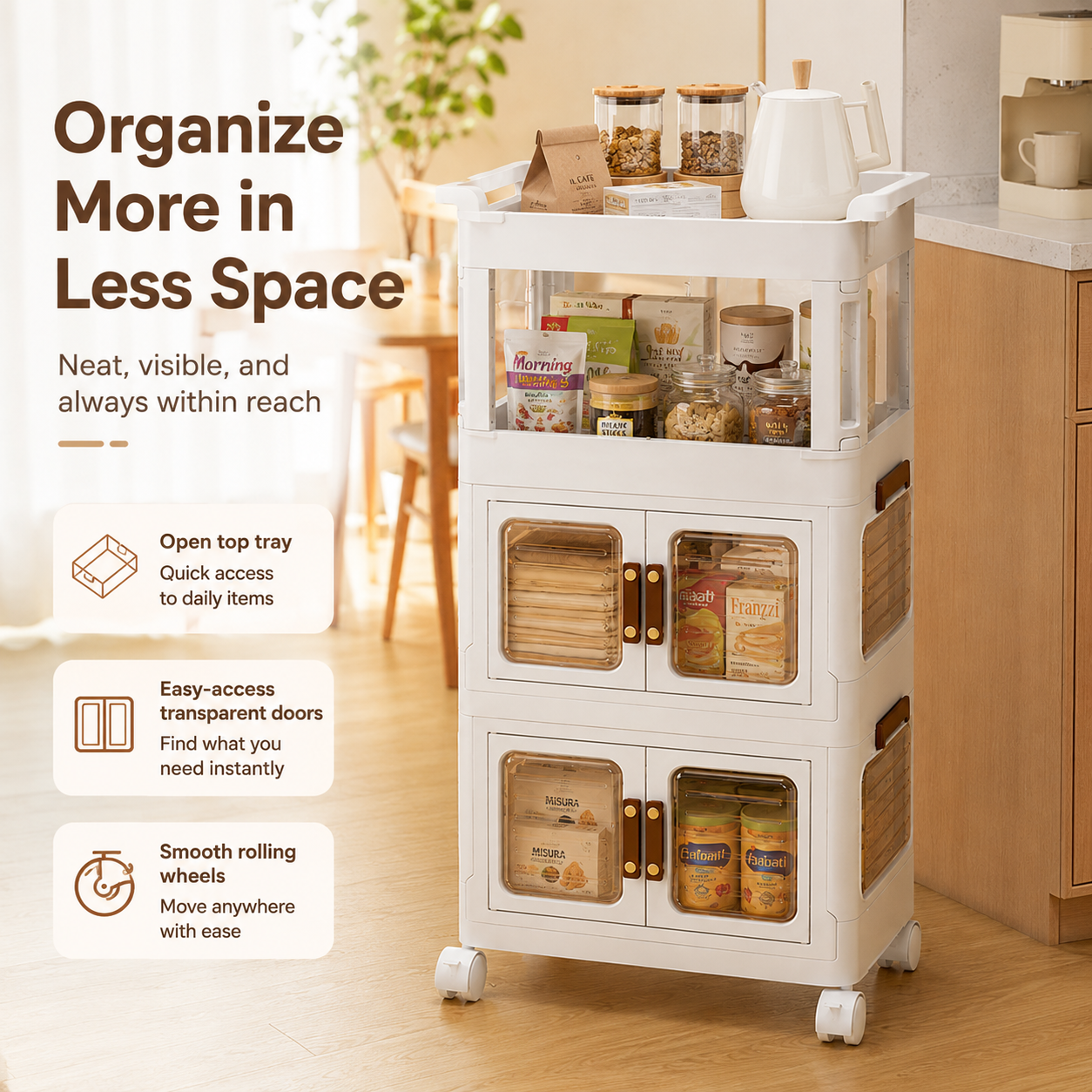 3-Tier Rolling Storage Cabinet with Transparent Doors