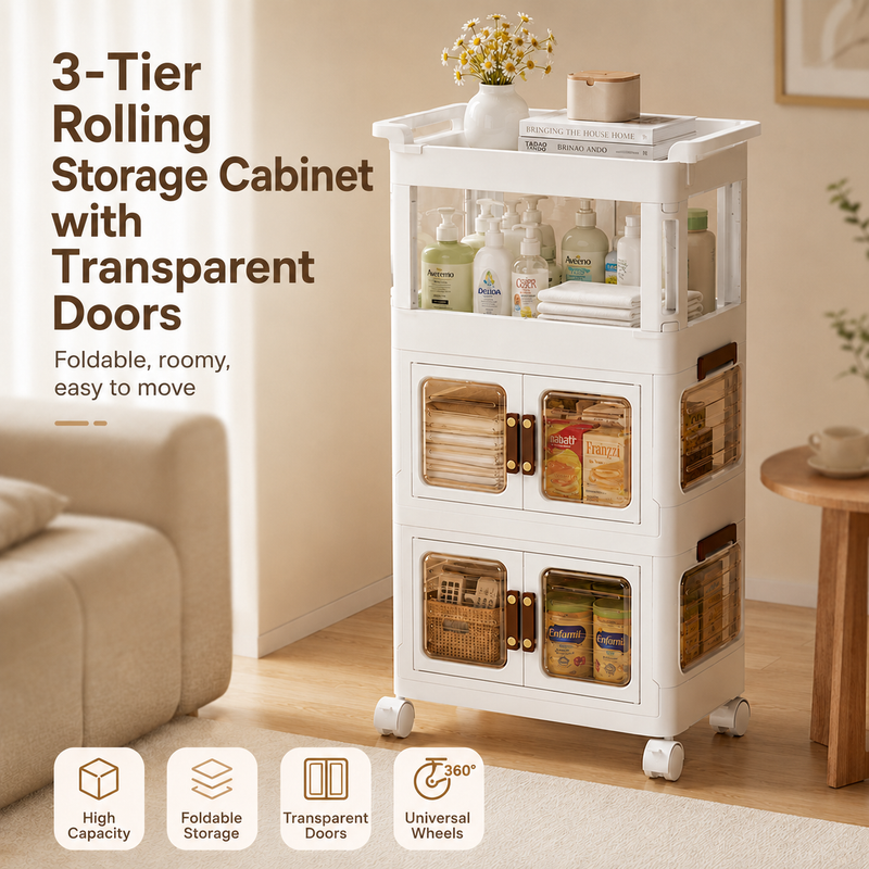 3-Tier Rolling Storage Cabinet with Transparent Doors