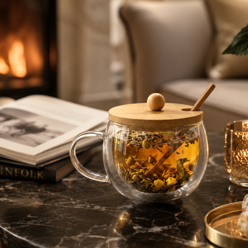 Double-Walled Glass Mug with Bamboo Lid & Spoon
