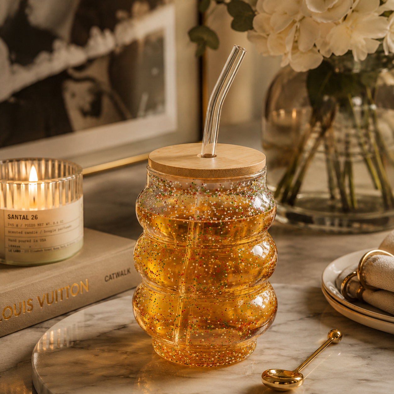 GlitterGlow Curvy Glass Tumbler with Bamboo Lid & Glass Straw