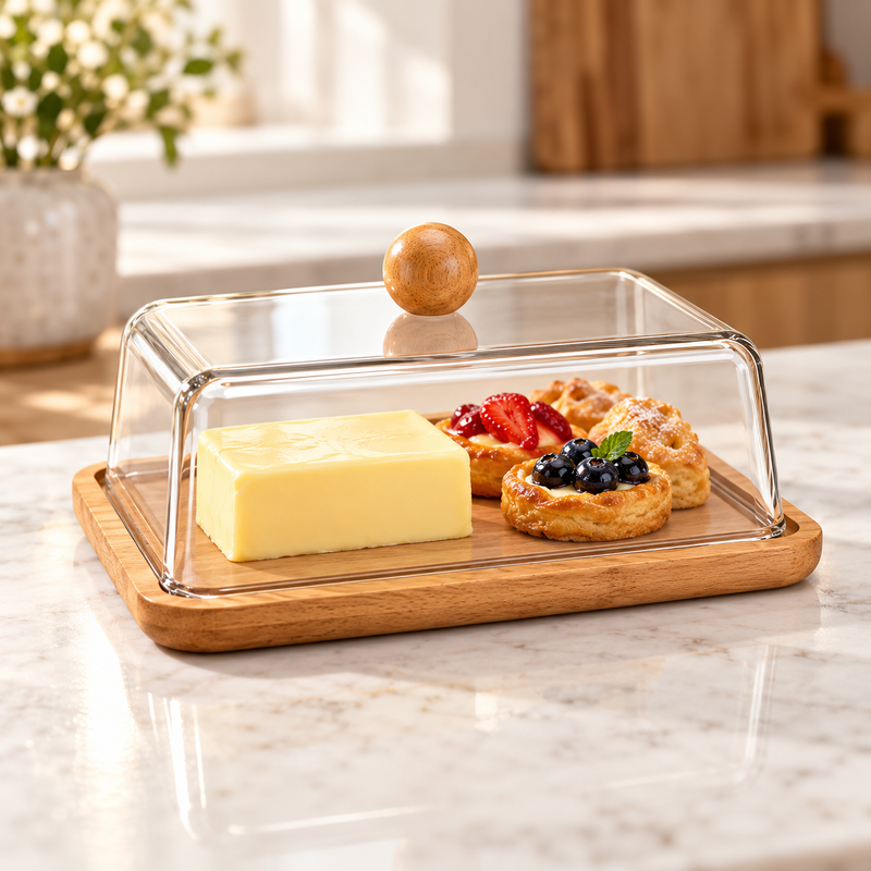Clear Butter & Dessert Box with Wooden Serving Base