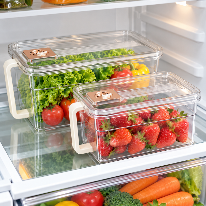 Clear Fridge Storage Box with Side Handle & Removable Lid