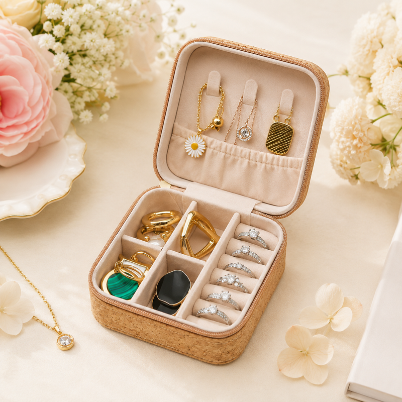 Compact Jewellery Organiser Box with Ring Rolls & Dividers