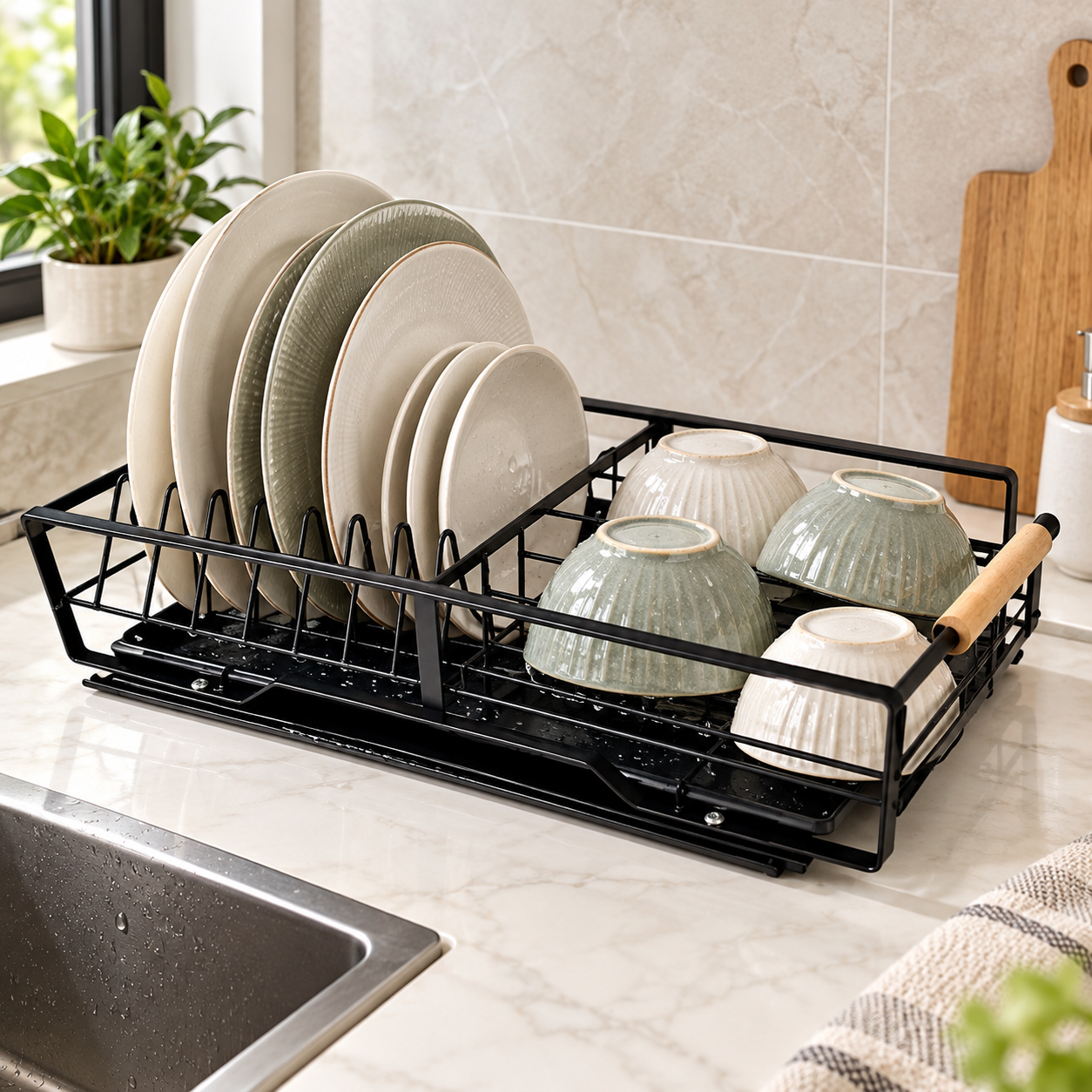 Countertop Sliding Dish Drying Rack with Adjustable Removable Tray