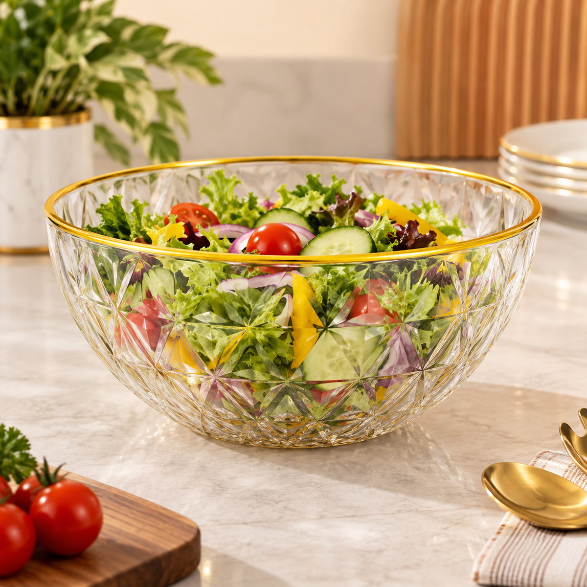 Deep 3L Textured PET Serving Bowl with Gold-Coloured Rim