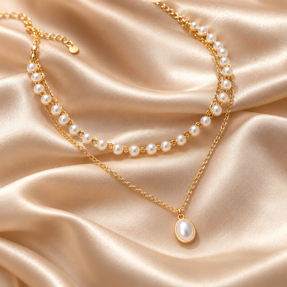 Double-Layer Gold-Tone Necklace with Pearl-Look Pendant