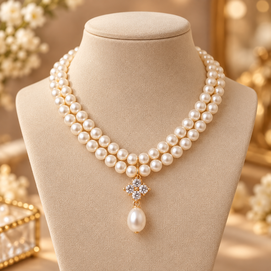 Double-Strand Pearl-Look Necklace with Sparkling Floral Drop