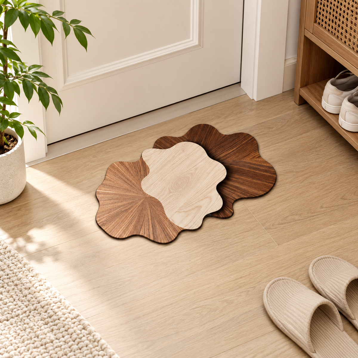 Flower-Shaped Decorative Floor Mat with Wood-Grain Design