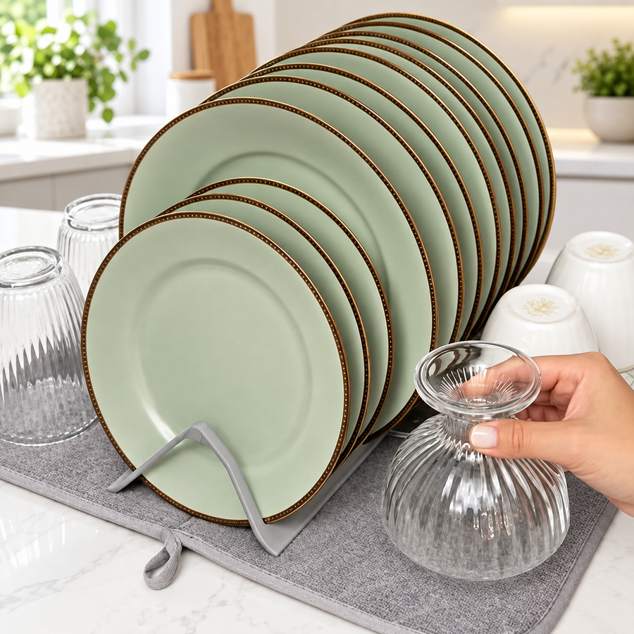 Foldable Microfiber Dish Drying Mat with Integrated Plate Rack