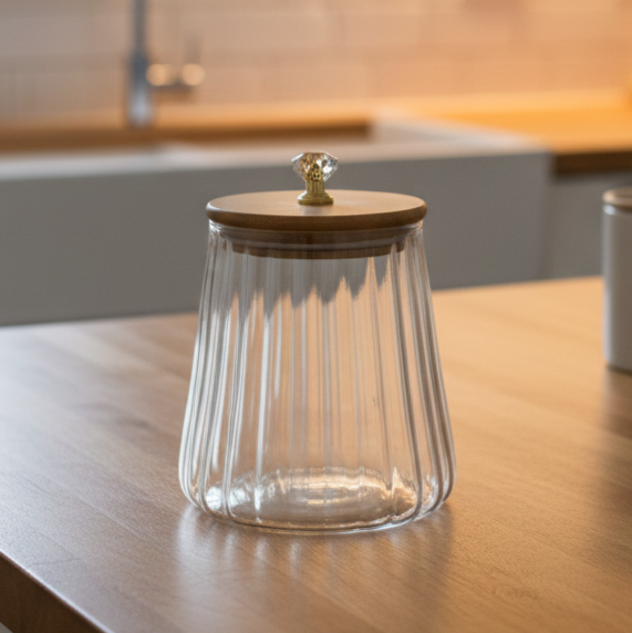 Ribbed Airtight Glass Jar with Bamboo Lid & Crystal Knob