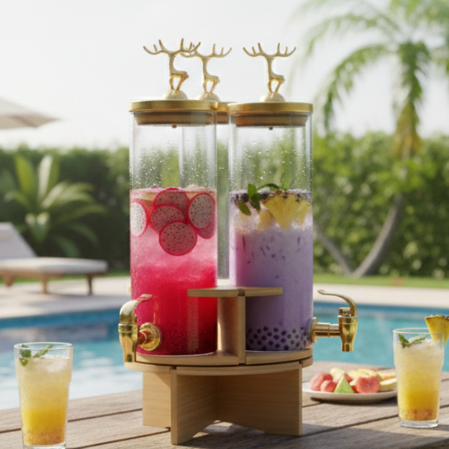 3-Pcs TintedGlass Round Beverage Dispenser Set with Rotatable Wooden Stand (1147)