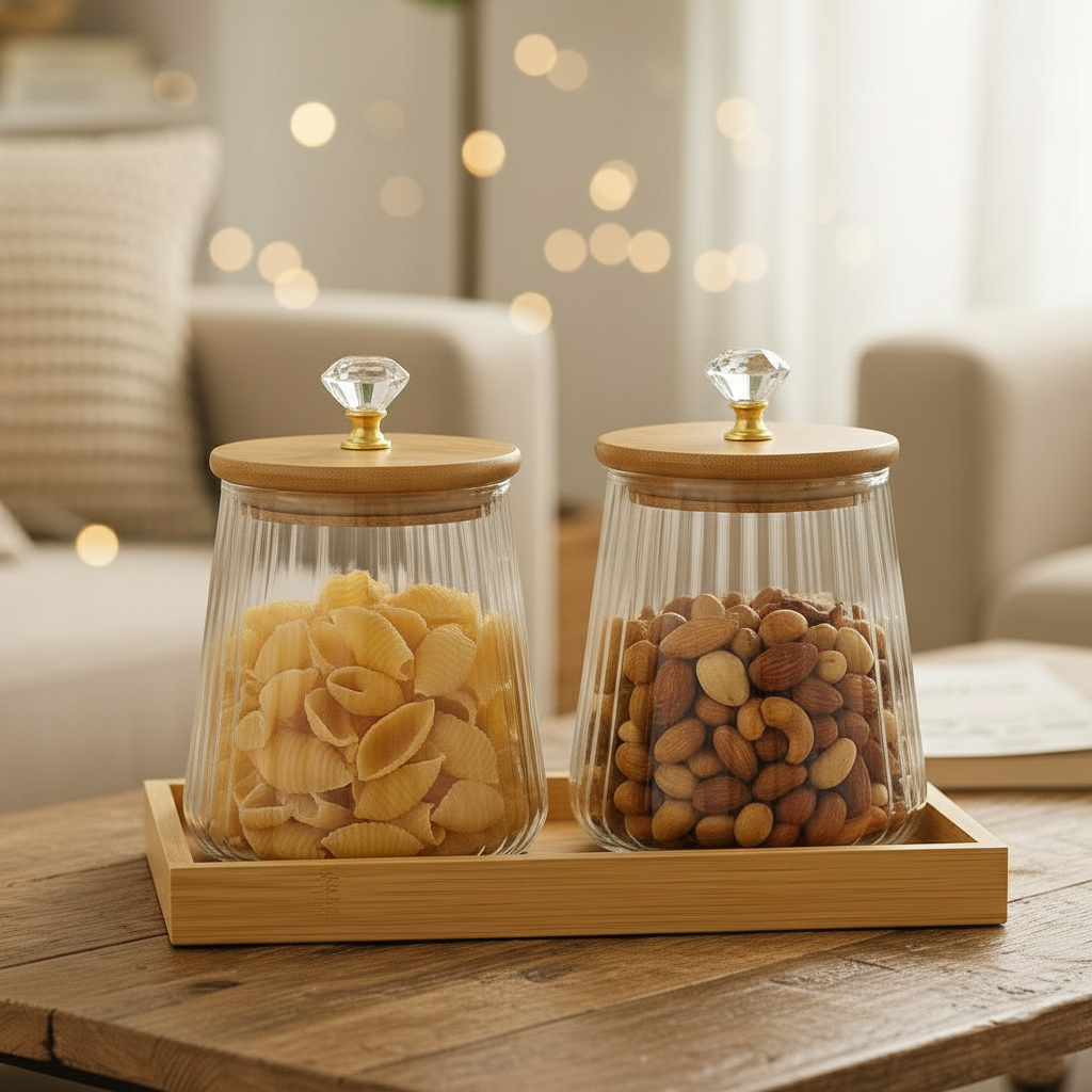 OakNest Glass Canister Set with Wooden Tray (1115)