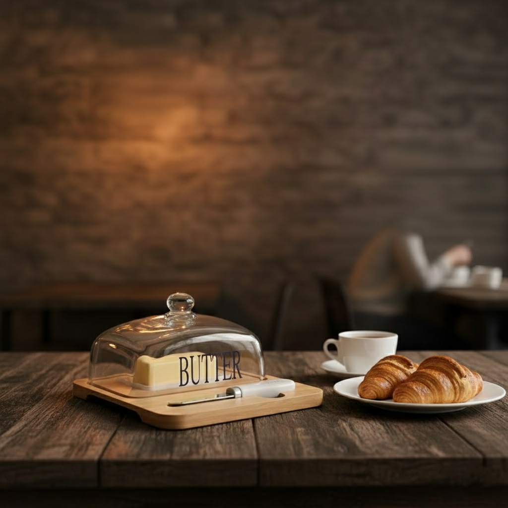 Glass Butter Dish with Bamboo Base & Knife