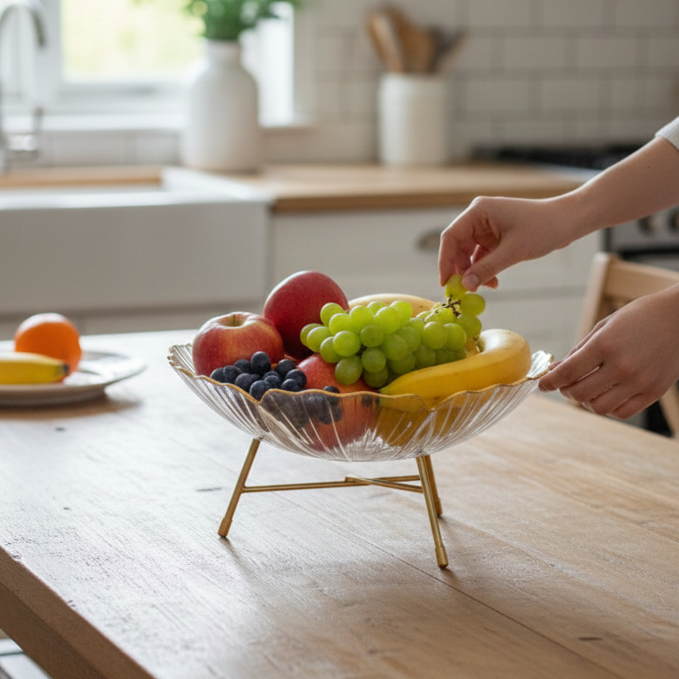 Graceful Fruits & Snacks Bowl with Golden Metal Stand