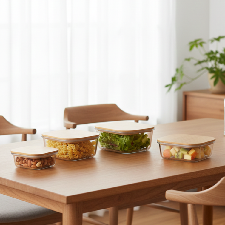 4Pcs Airtight Bamboo-Lid Glass Bowls Set – Square