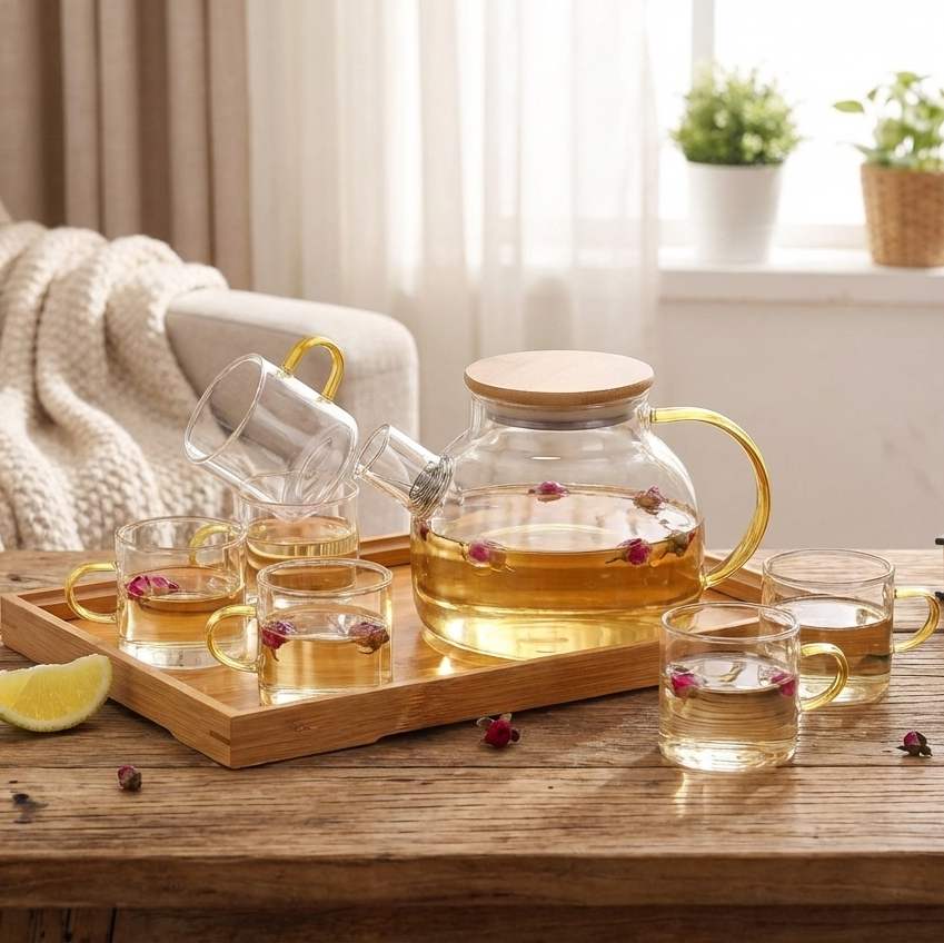 KehwaElegance Glass Set with Wooden Tray