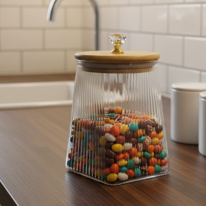 Ribbed Airtight Glass Jar with Bamboo Lid & Crystal Knob