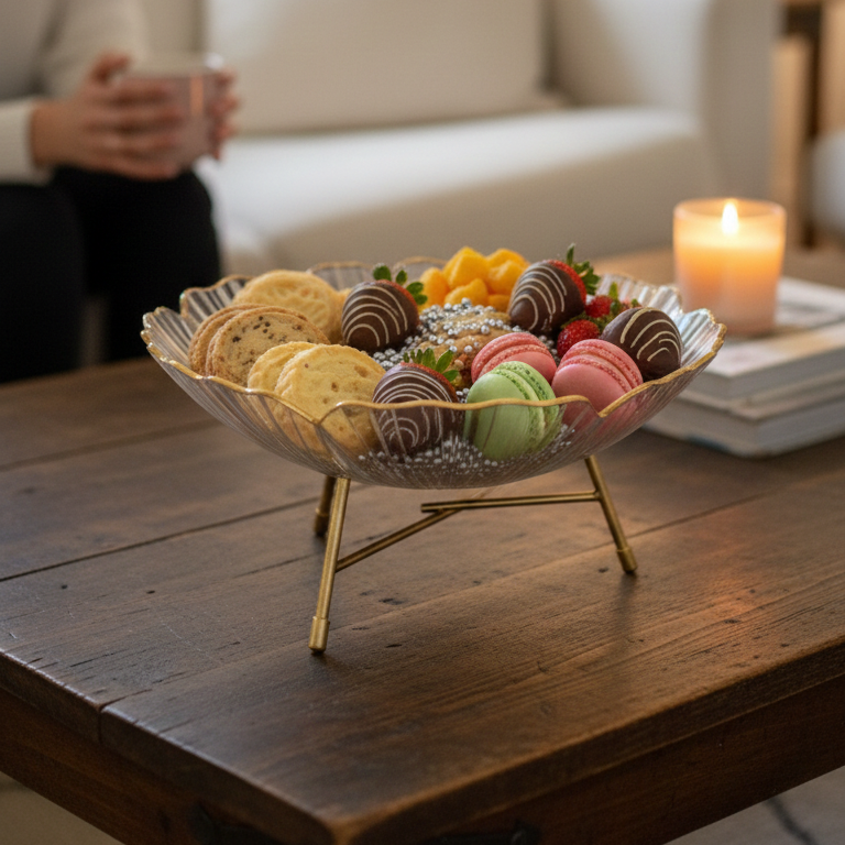 Graceful Fruits & Snacks Bowl with Golden Metal Stand