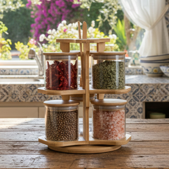360° Bamboo & Glass Culinary Carousel with Round Jars (1134)