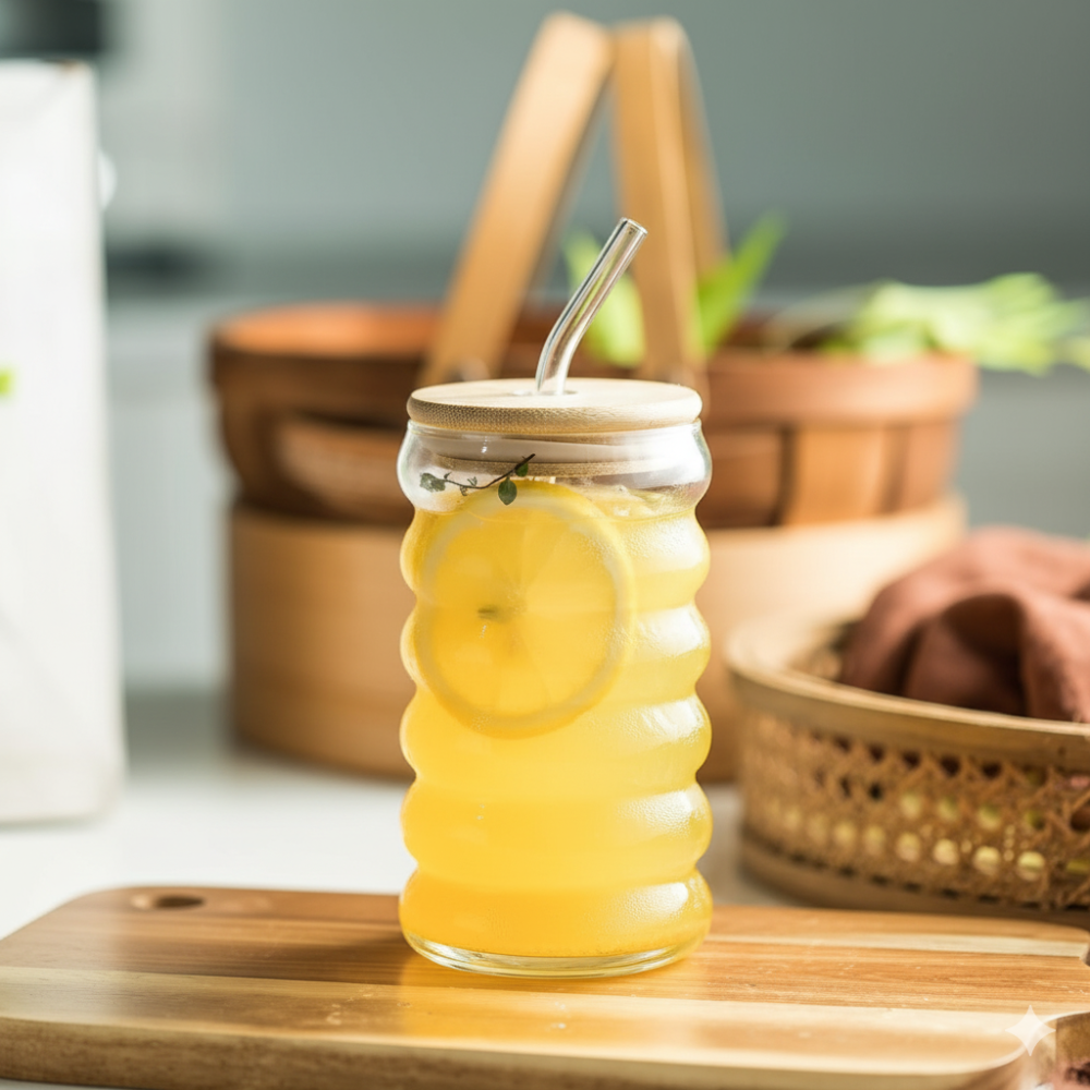 BubbleWave Glass Tumbler with Wooden Lid & Straw