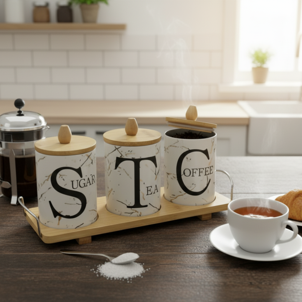 3-Piece Ceramic Canisters Set with Carrry'n'Serve Tray