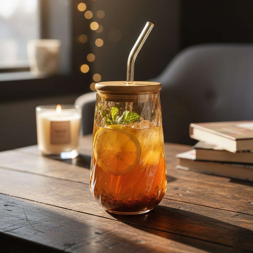 Swirl Textured Glass Tumbler with Airtight Lid & Straw