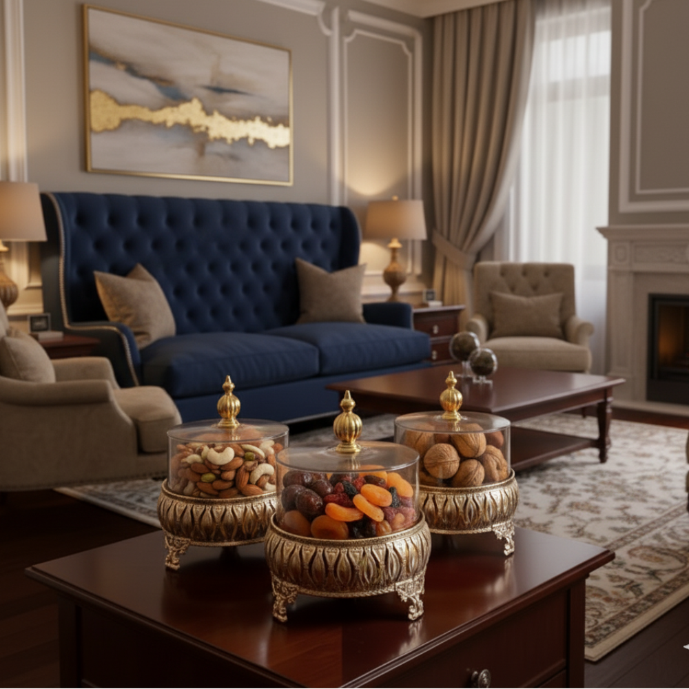 Exquisite 3-Piece Golden Base Glass Jars with Lid