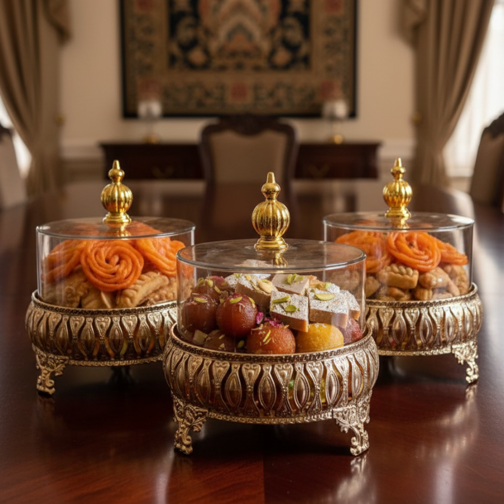 Exquisite 3-Piece Golden Base Glass Jars with Lid