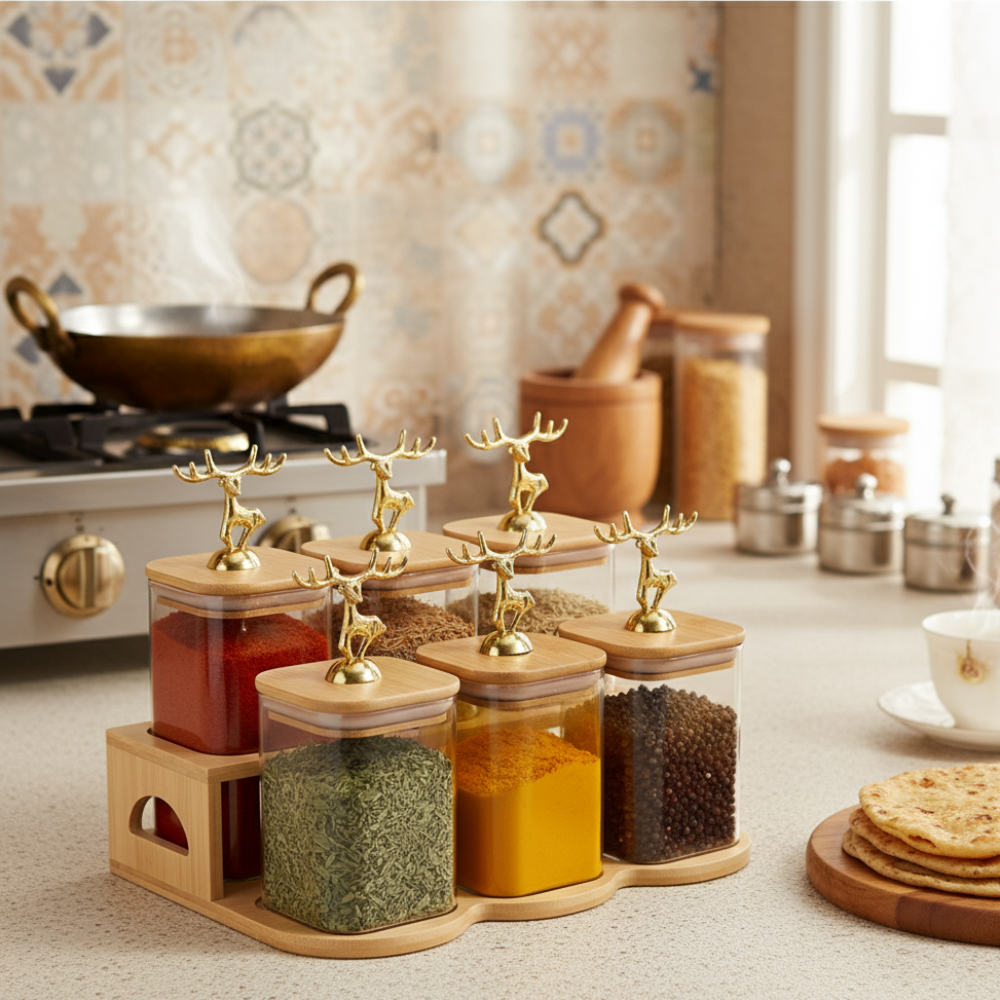 Fabulous 6-Piece Glass Jar Station with Airtight Wooden Lids