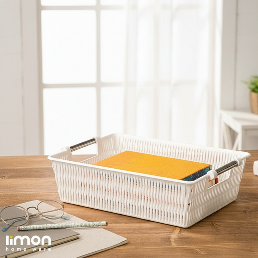 Multipurpose Rectangle Bamboo Basket with Steel Handles by Limon