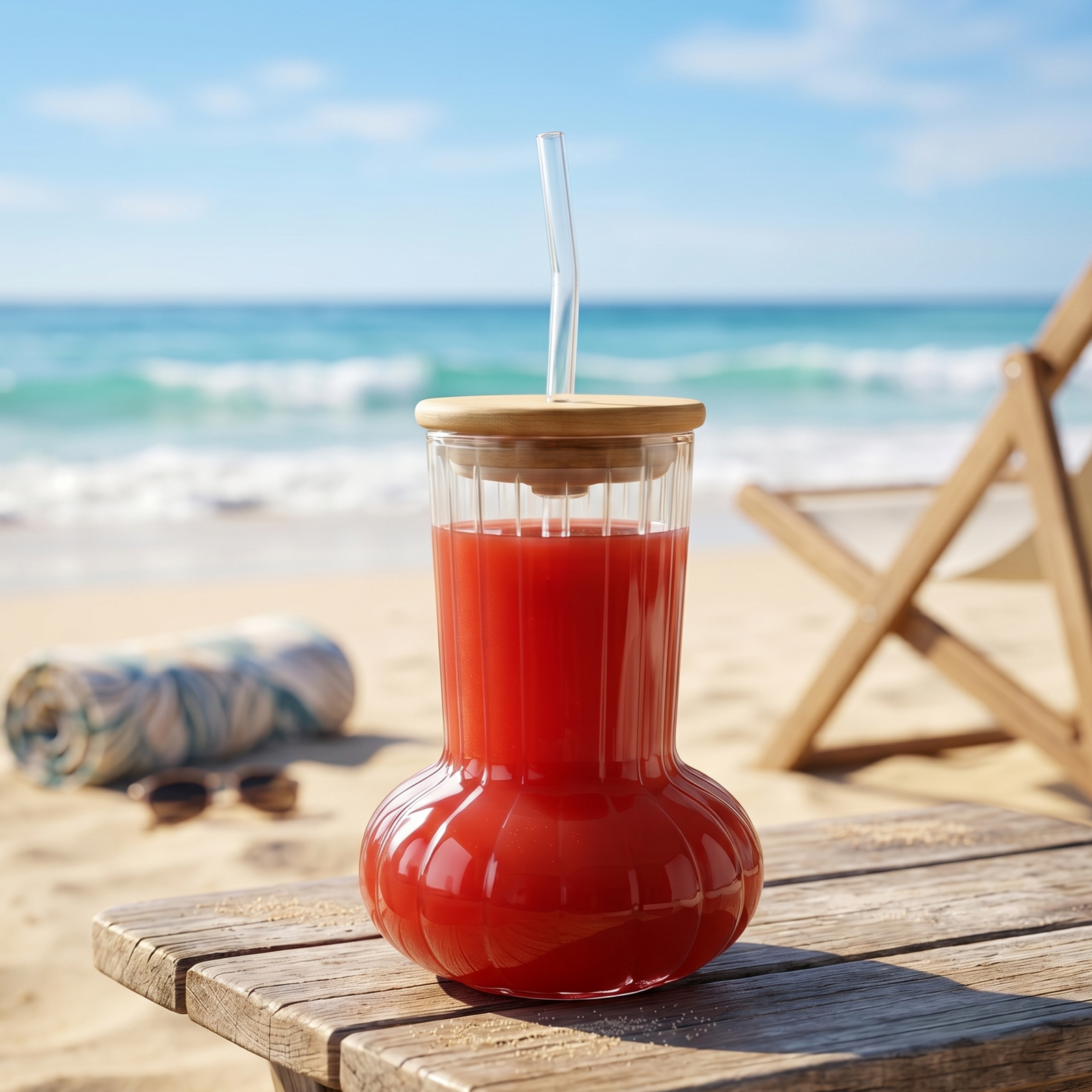 Modish Glass Tumbler with Wooden Lid & Glass Straw