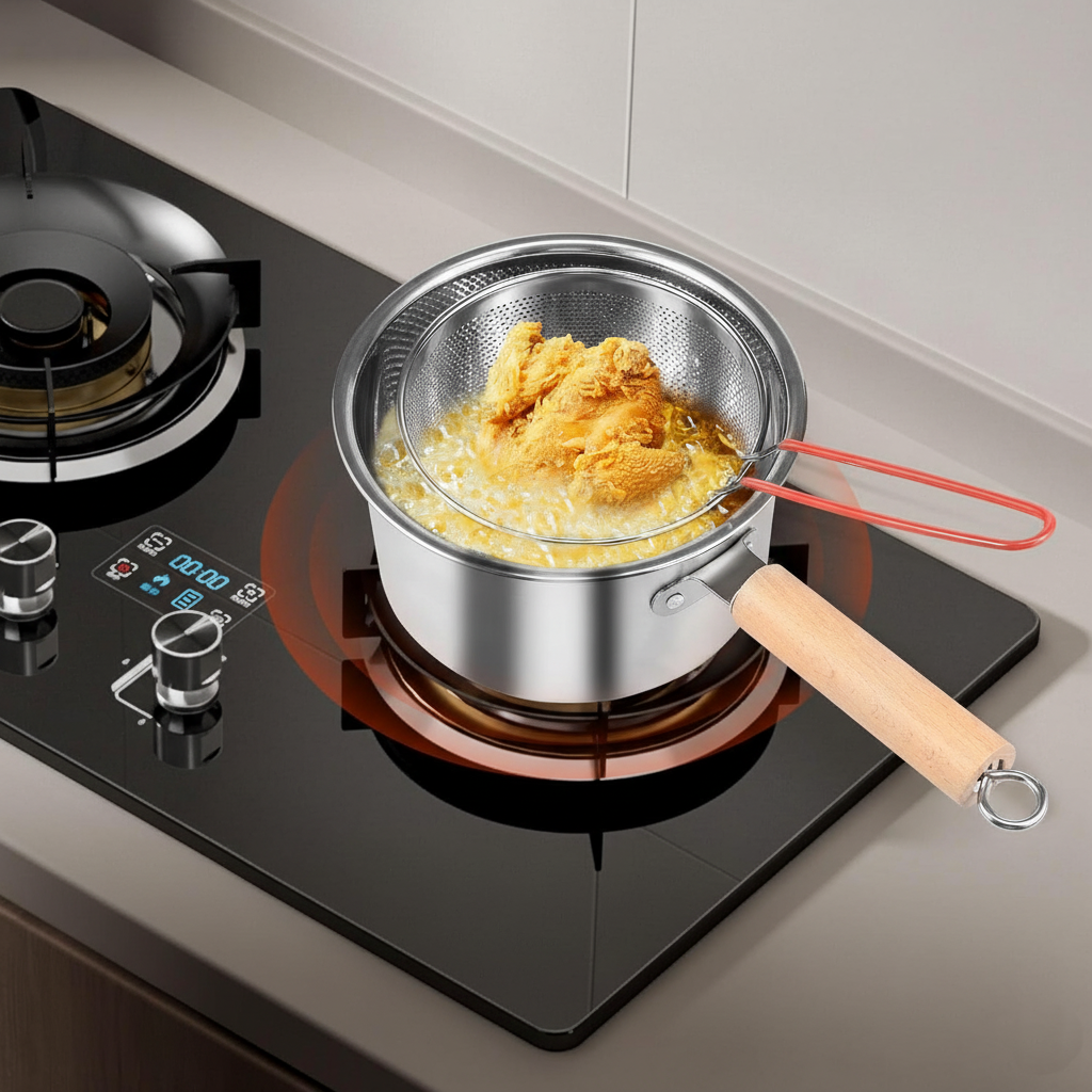 Stainless Steel Deep Fry Pot with Removeable Meshed Fry Basket & Handle