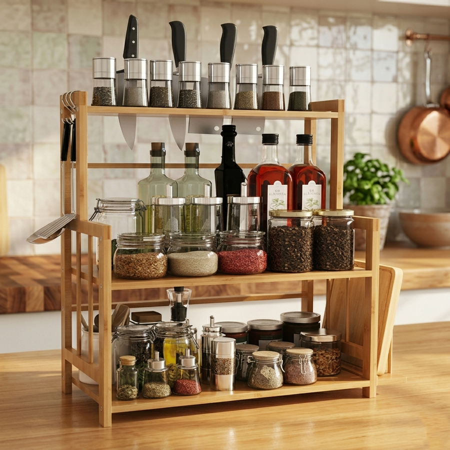 Veloura Bamboo Kitchen Countertop Storage Rack