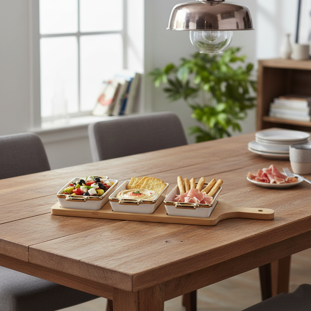 3-Piece Ceramic Snack Serving Tray with Bamboo Base