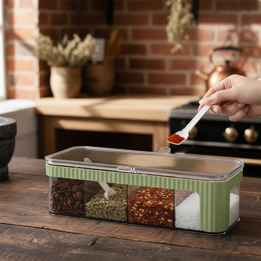OrganicFlavour Multi‑Section Spice Container with Lid & Spoons