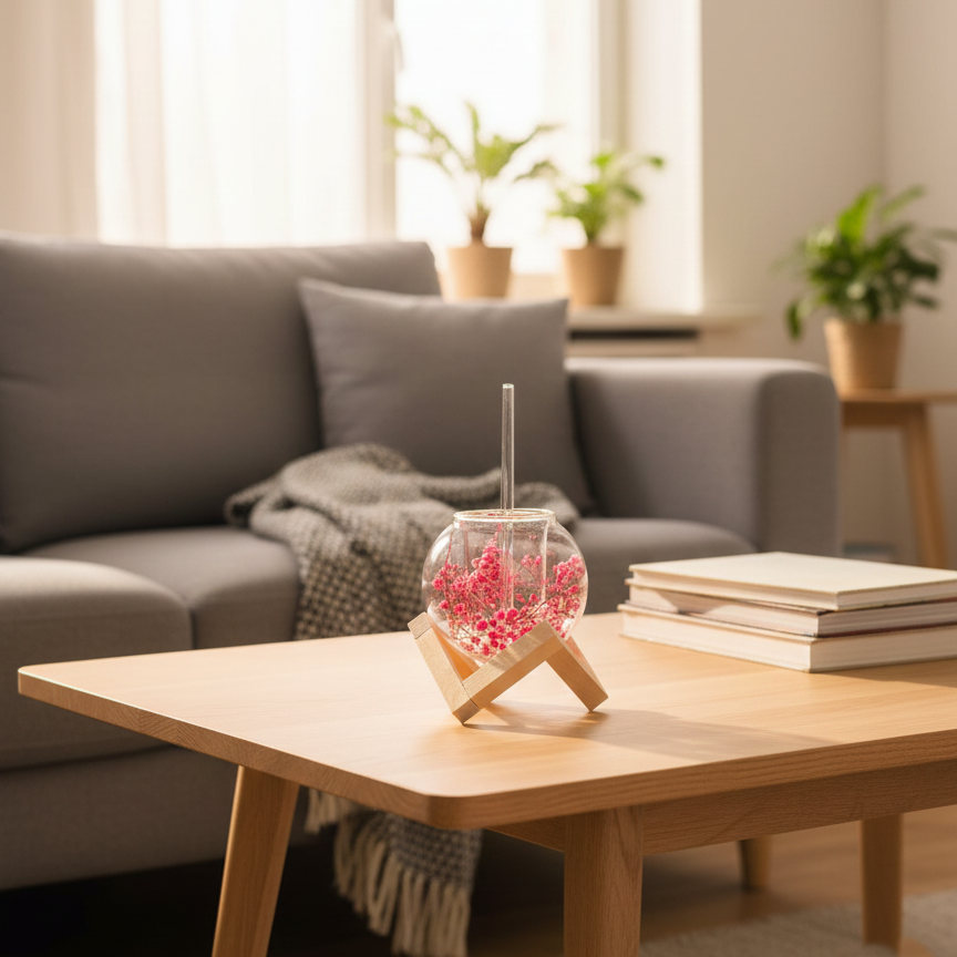 FloralSip Double Wall Tumbler with Wooden Base