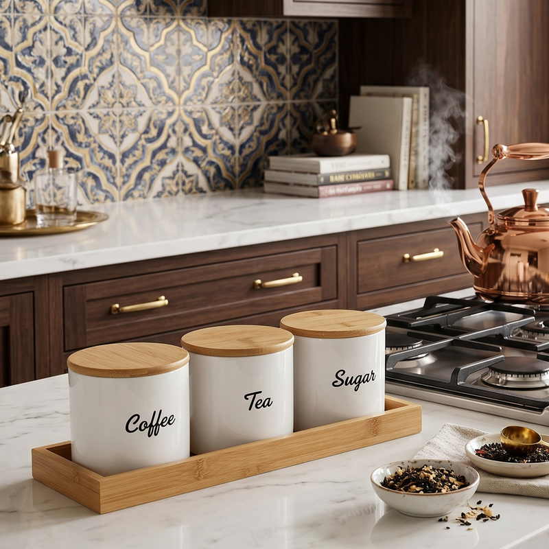 StyleServe Coffee Tea Sugar Glass Jar Set with Bamboo Tray