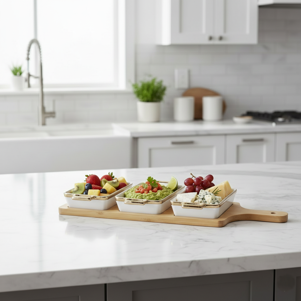 3-Piece Ceramic Snack Serving Tray with Bamboo Base