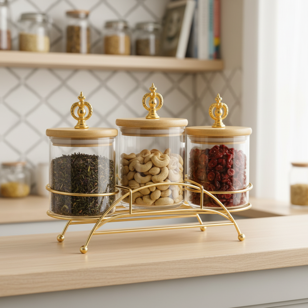 Majestic 3-Piece Glass Jar Set with Golden Metal Stand