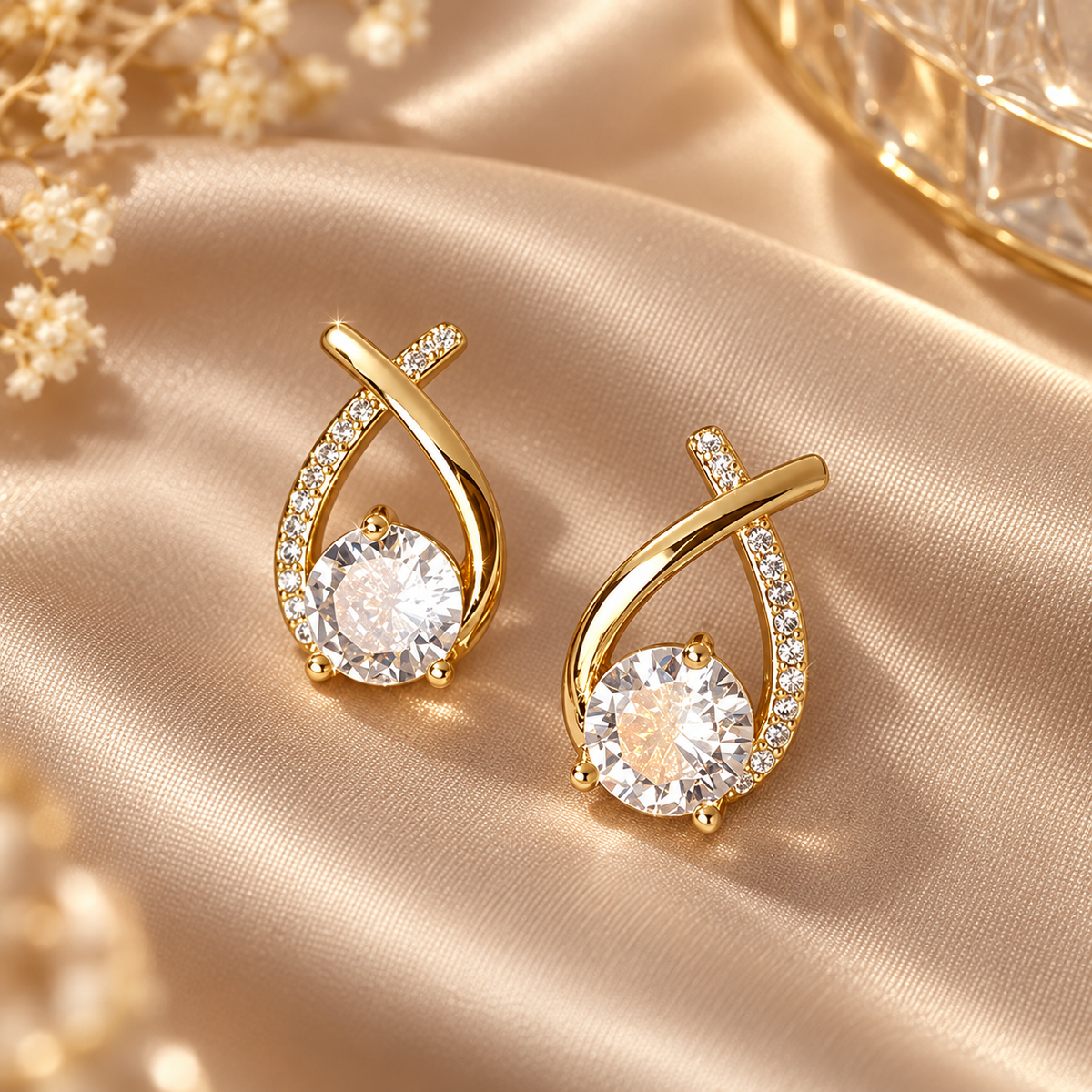 Gold-Tone Crisscross Stud Earrings with Clear Stone Accent