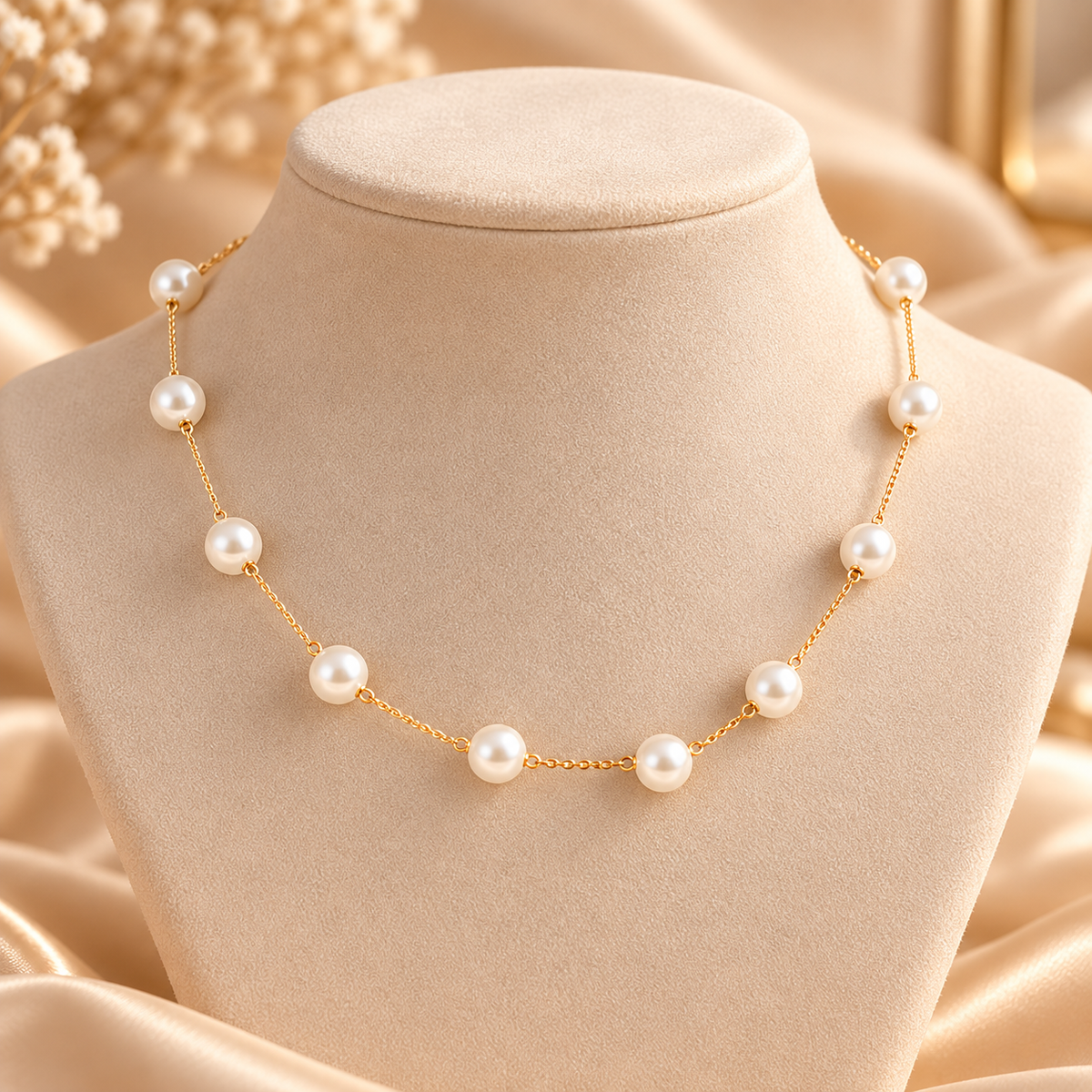 Gold-Tone Station Necklace with Spaced Pearl-Look Beads