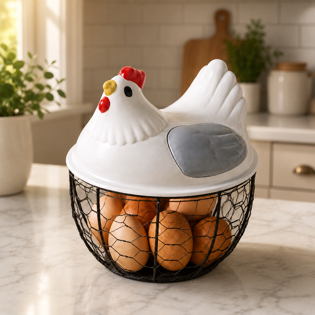 Hen-Shaped Egg Storage Basket with Decorative Lid