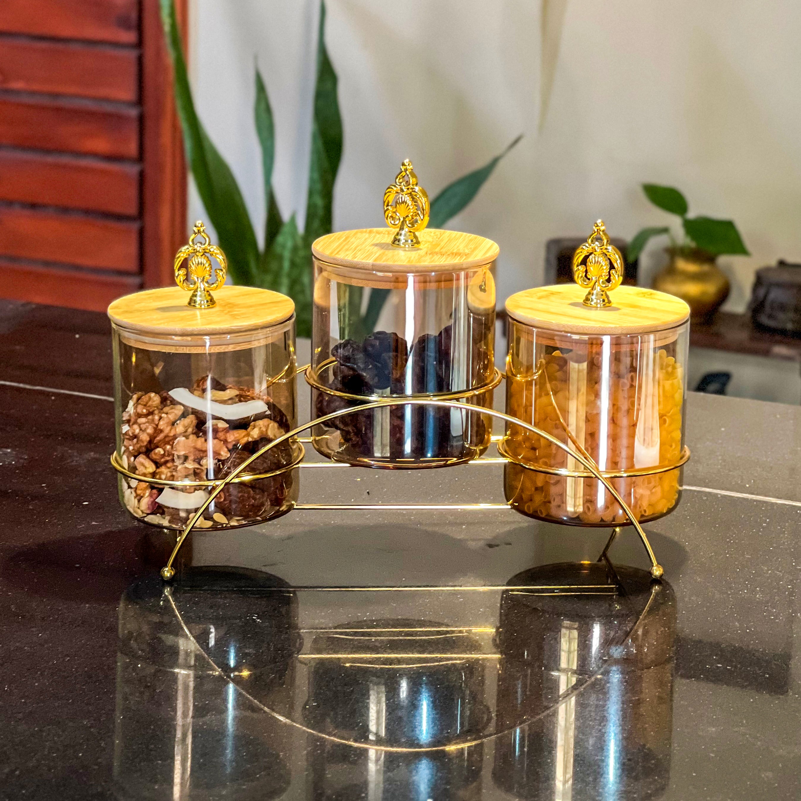 Majestic 3-Piece Glass Jar Set with Golden Metal Stand (1125)