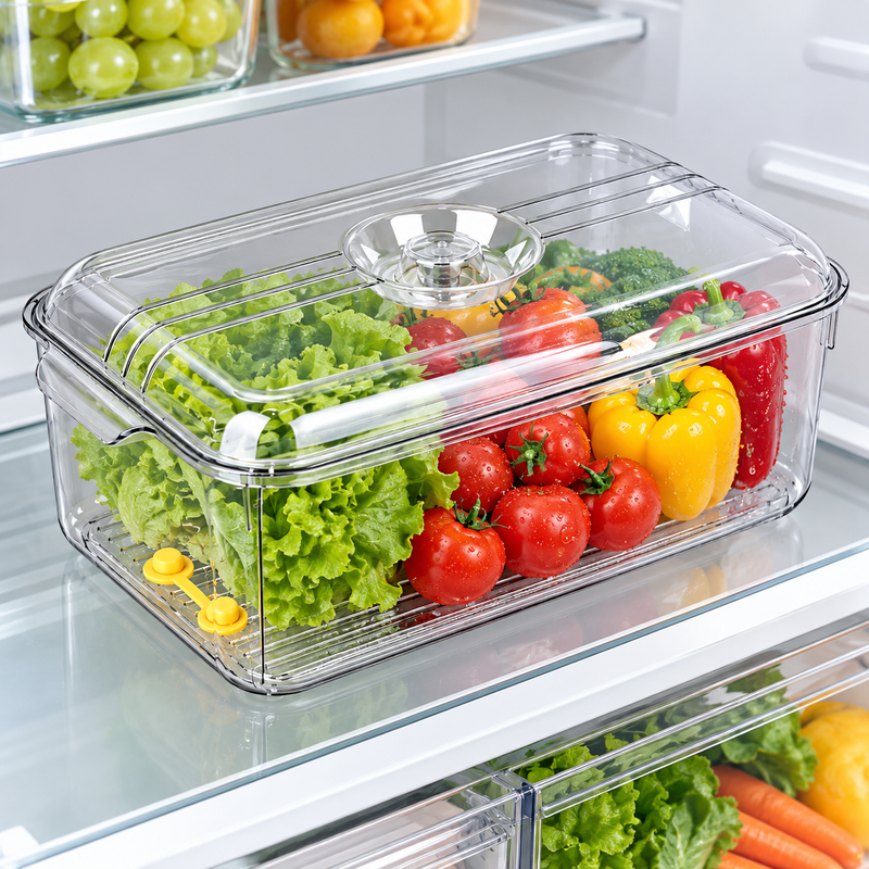 PET Fridge Food Storage Container with Drain Plugs & Lid