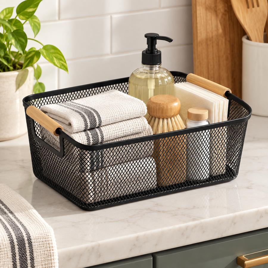 Plastic Storage Basket with Double Wooden Carry Handles