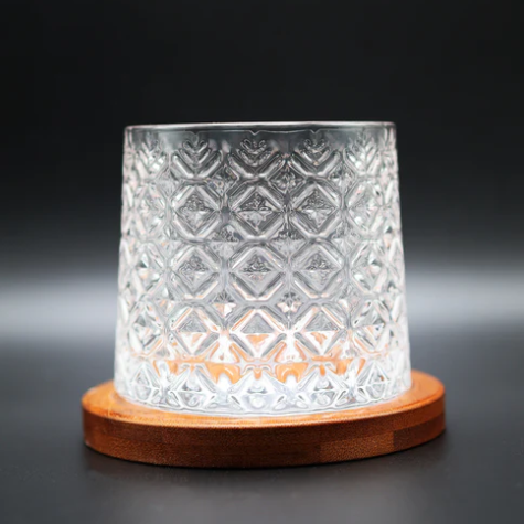 Vintage Spinning Rocks Glass with Wooden Base
