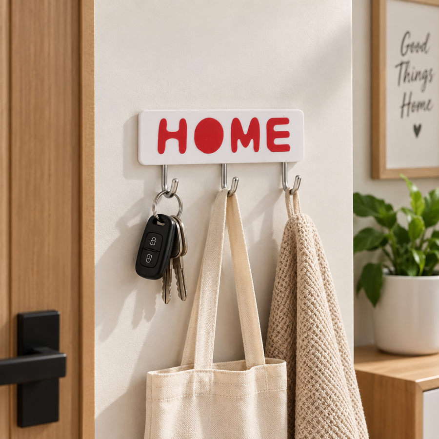 Self-Adhesive HOME Wall Rack with 3 Metal Hooks