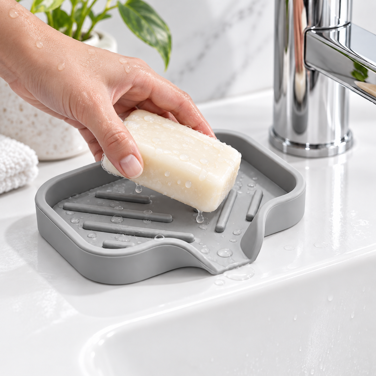 Silicone Soap Dish with Sink-Side Drain Path